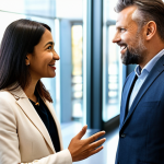 A diverse group of three professionals (two men, one woman) in their 30s-40s, each wearing distinct, modest, and appropriate professional business attire. They are standing in a natural, open pose, actively engaged in a lively, genuine conversation at a modern conference networking event hall. One person is confidently making an authentic self-introduction, using natural hand gestures to convey passion, while maintaining respectful eye contact with the others. The background features blurred contemporary architecture and subtle lighting, creating a professional yet welcoming atmosphere. Perfect anatomy, correct proportions, well-formed hands, proper finger count, natural body proportions. Soft, diffused lighting, high-resolution, professional photography. safe for work, appropriate content, fully clothed, professional.